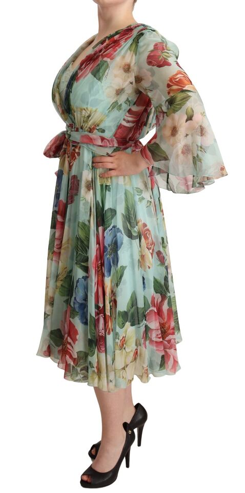 Vestido midi cruzado de seda con estampado floral verde multicolor de Dolce & Gabbana