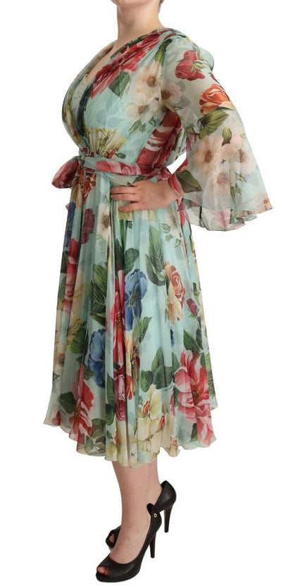 Vestido midi cruzado de seda con estampado floral verde multicolor de Dolce & Gabbana