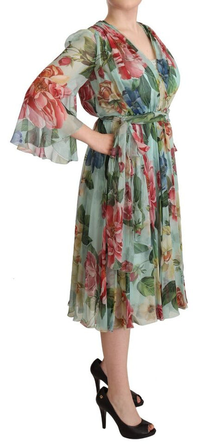 Vestido midi cruzado de seda con estampado floral verde multicolor de Dolce & Gabbana