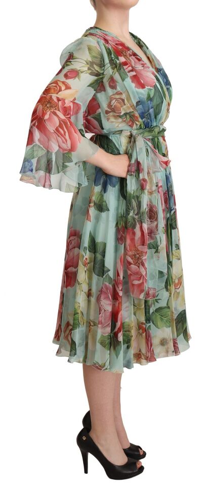 Vestido midi cruzado de seda con estampado floral verde multicolor de Dolce & Gabbana