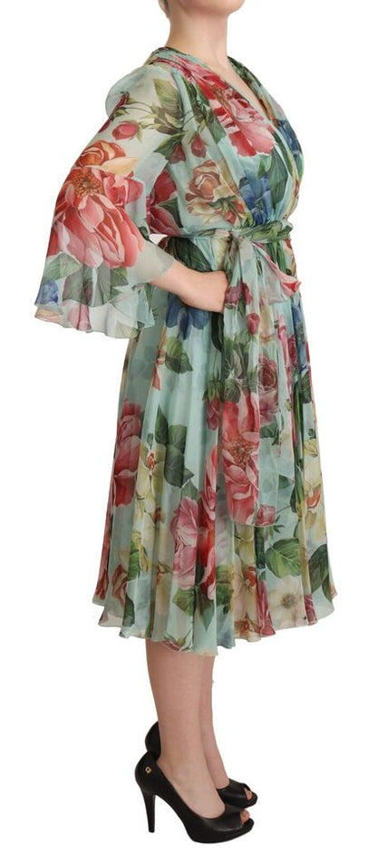 Vestido midi cruzado de seda con estampado floral verde multicolor de Dolce & Gabbana