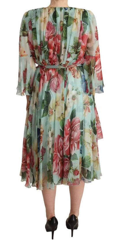 Vestido midi cruzado de seda con estampado floral verde multicolor de Dolce & Gabbana