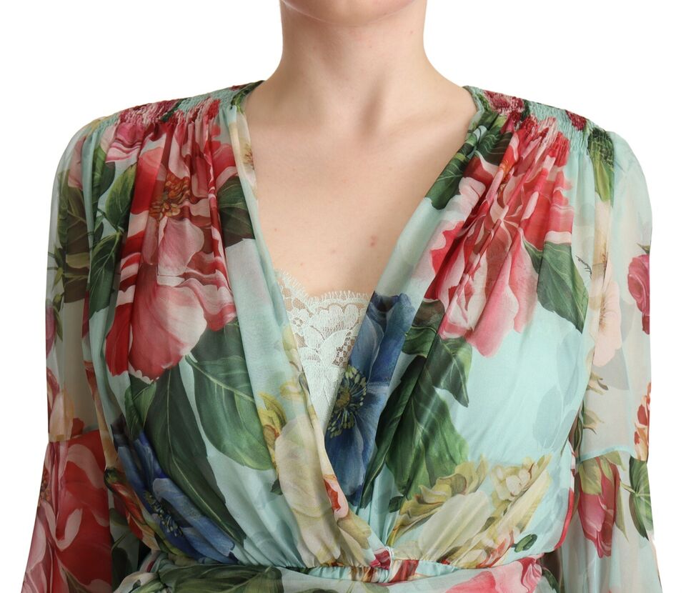 Vestido midi cruzado de seda con estampado floral verde multicolor de Dolce & Gabbana