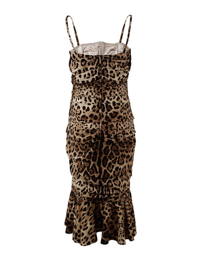Vestido midi fruncido con estampado de leopardo marrón de Dolce & Gabbana
