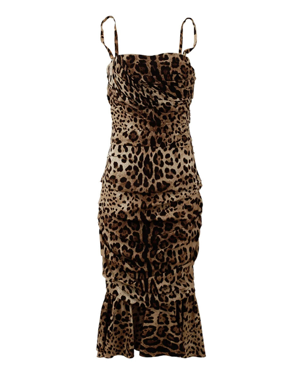 Vestido midi fruncido con estampado de leopardo marrón de Dolce & Gabbana