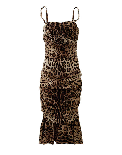 Vestido midi fruncido con estampado de leopardo marrón de Dolce & Gabbana
