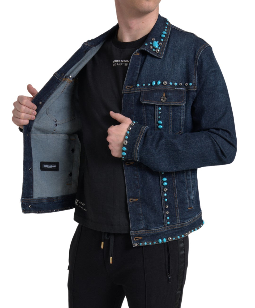 Chaqueta Dolce & Gabbana de mezclilla azul con incrustaciones de piedras turquesas
