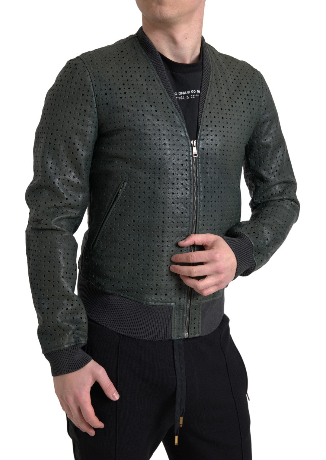 Cazadora bomber de cuero perforado verde Dolce & Gabbana