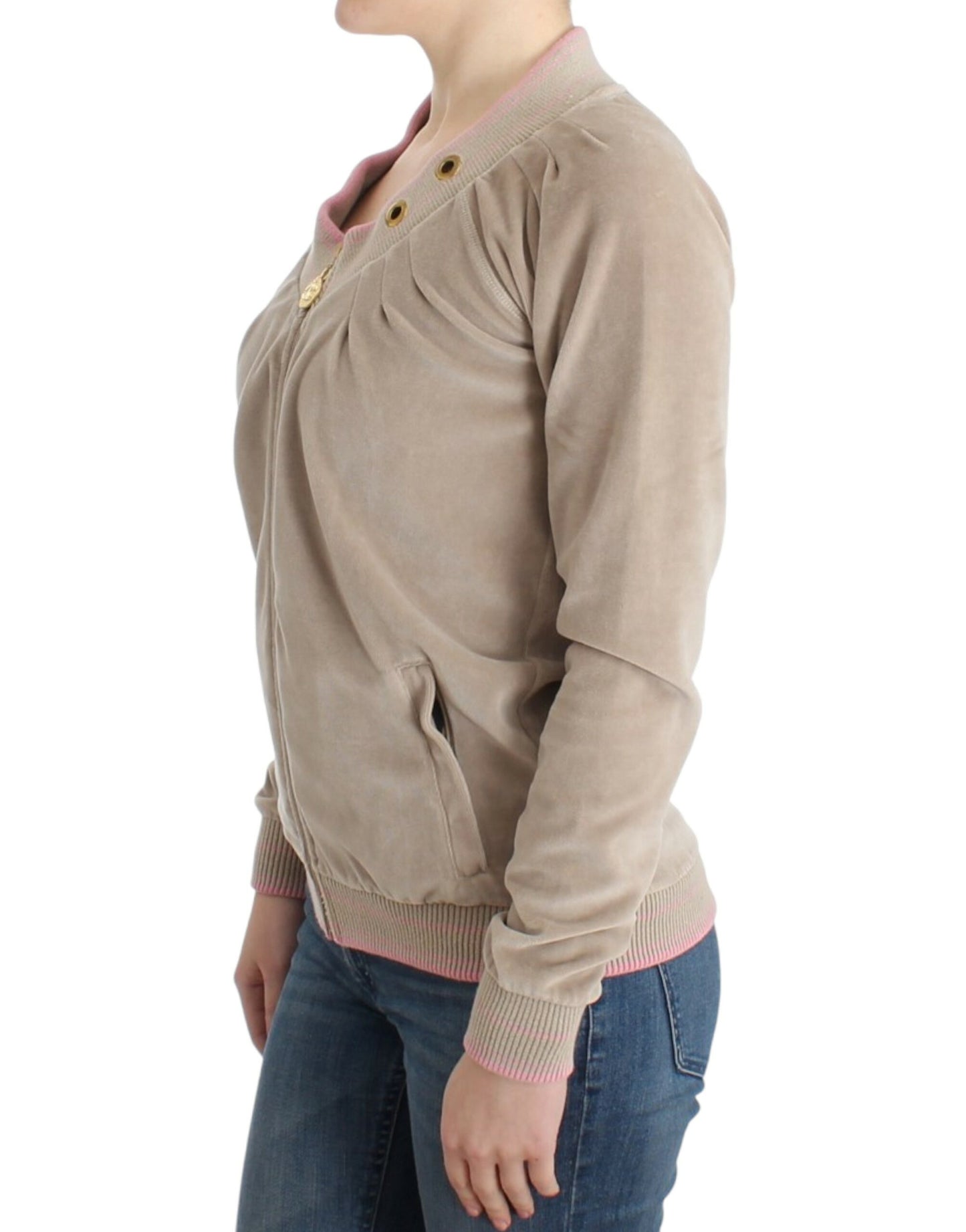 Suéter con cremallera de terciopelo beige Cavalli