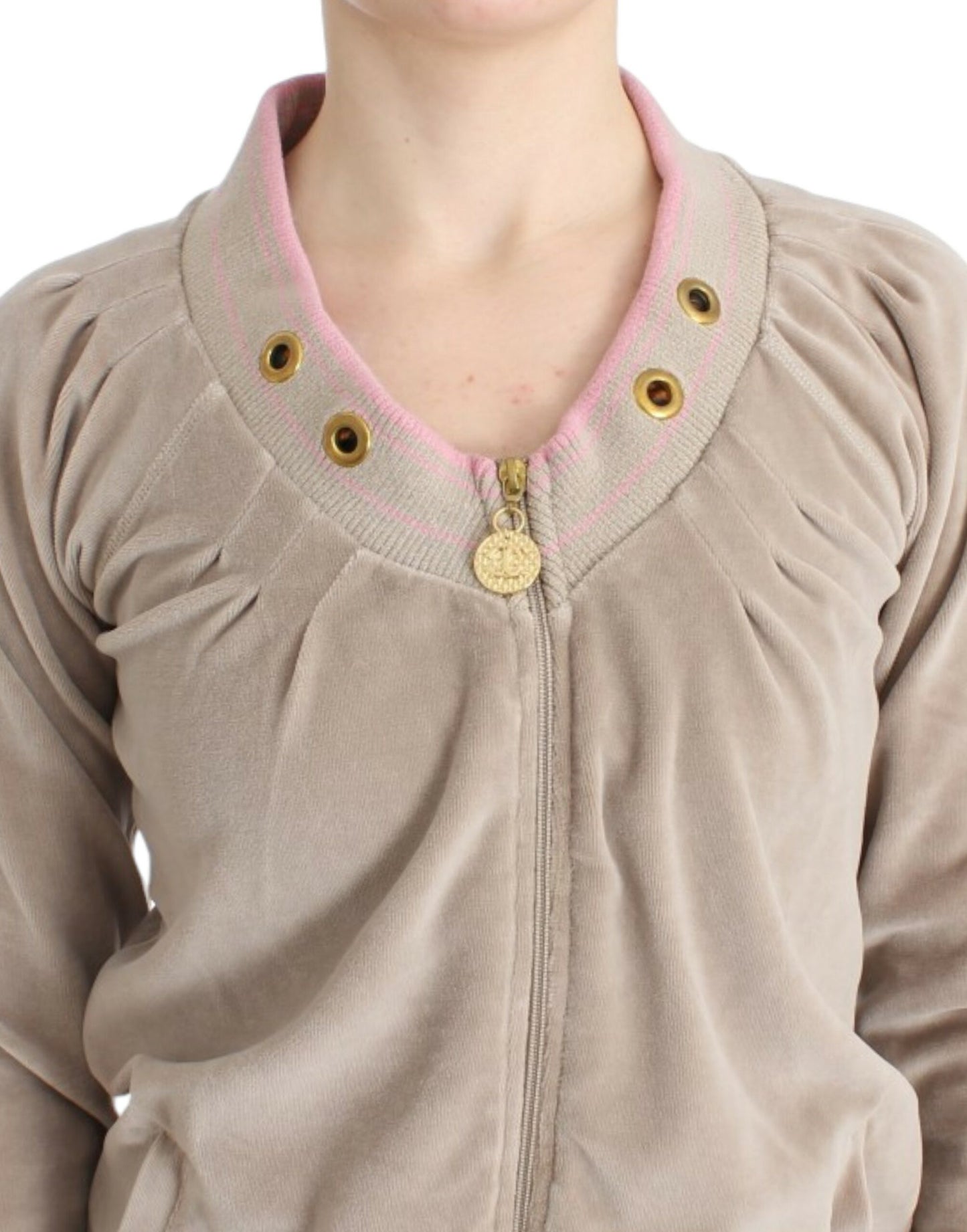 Suéter con cremallera de terciopelo beige Cavalli