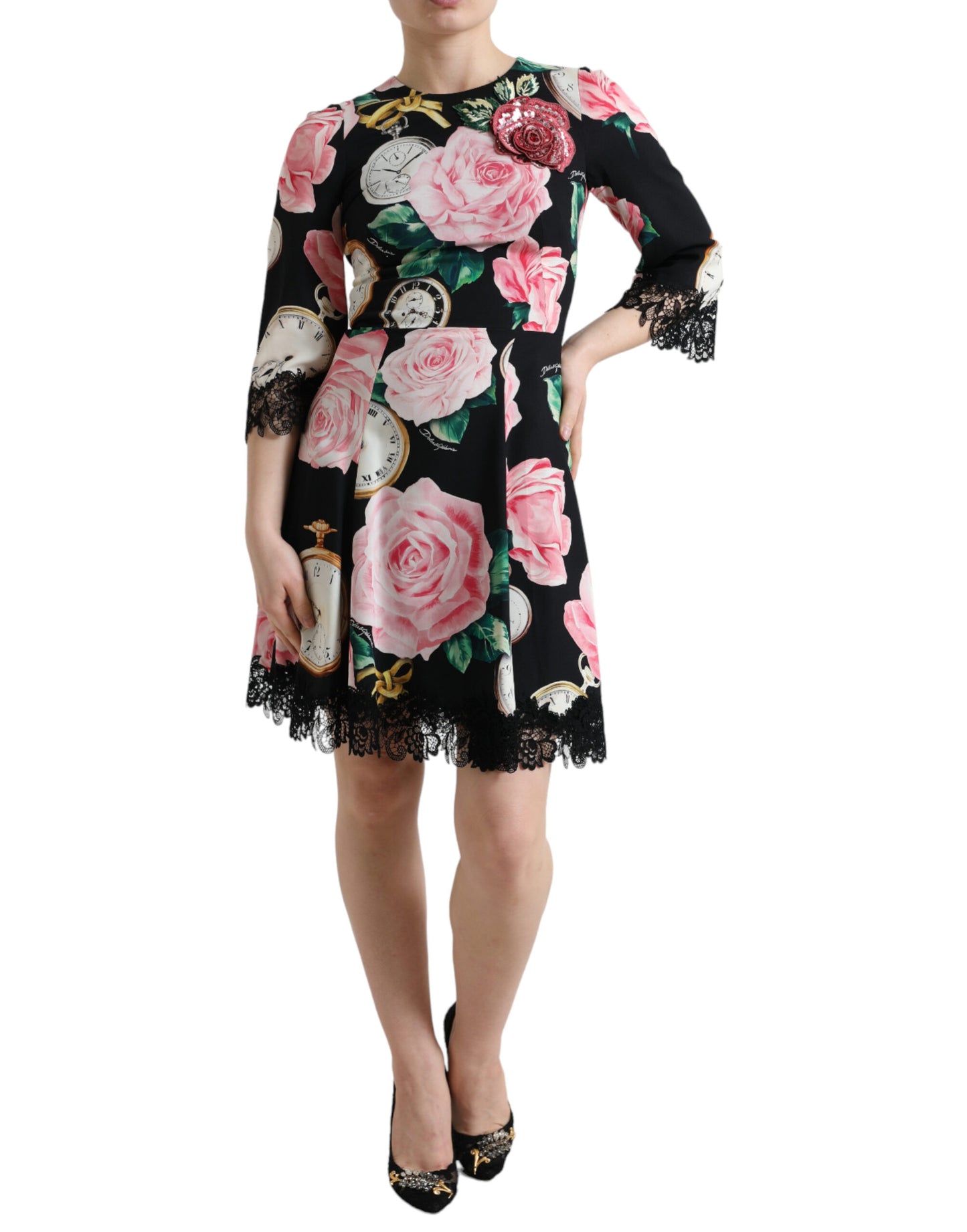Vestido de encaje floral negro acampanado con adornos de Dolce & Gabbana