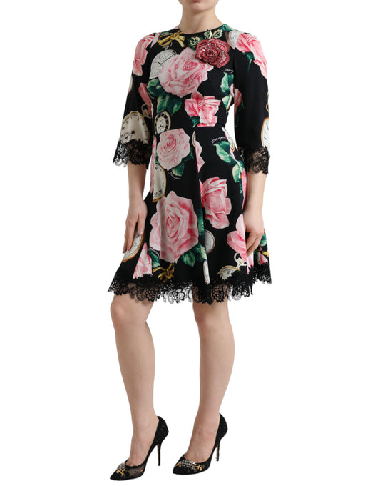 Vestido de encaje floral negro acampanado con adornos de Dolce & Gabbana
