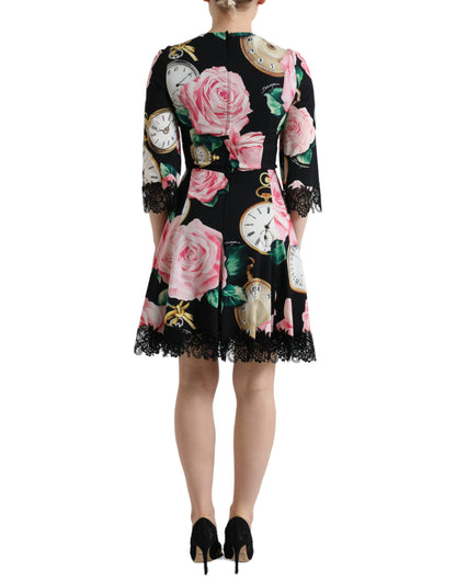Vestido de encaje floral negro acampanado con adornos de Dolce & Gabbana