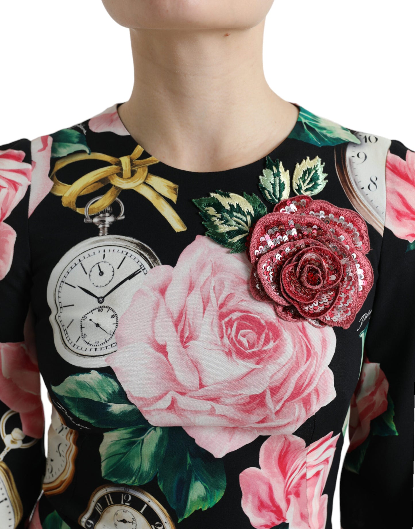 Vestido de encaje floral negro acampanado con adornos de Dolce & Gabbana