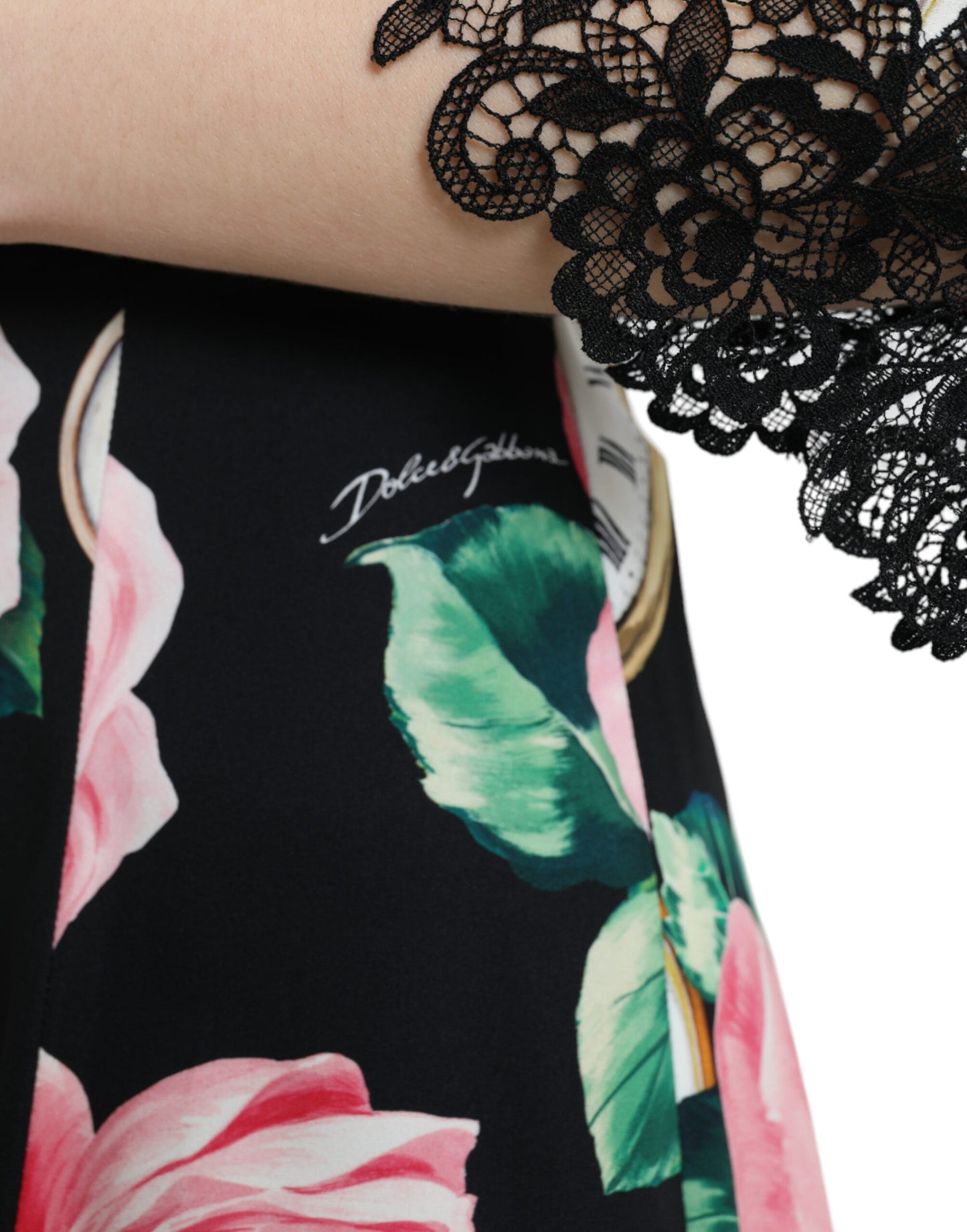 Vestido de encaje floral negro acampanado con adornos de Dolce & Gabbana