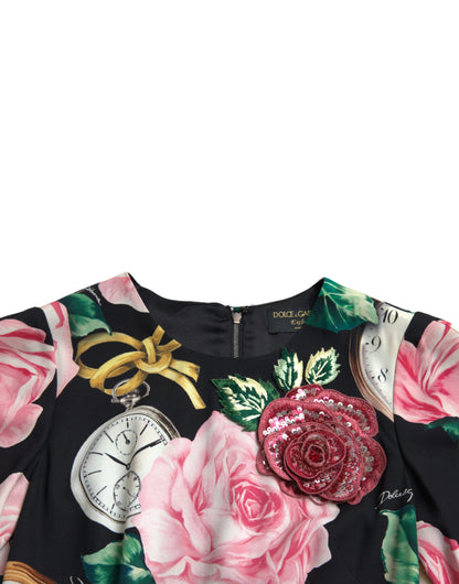 Vestido de encaje floral negro acampanado con adornos de Dolce & Gabbana