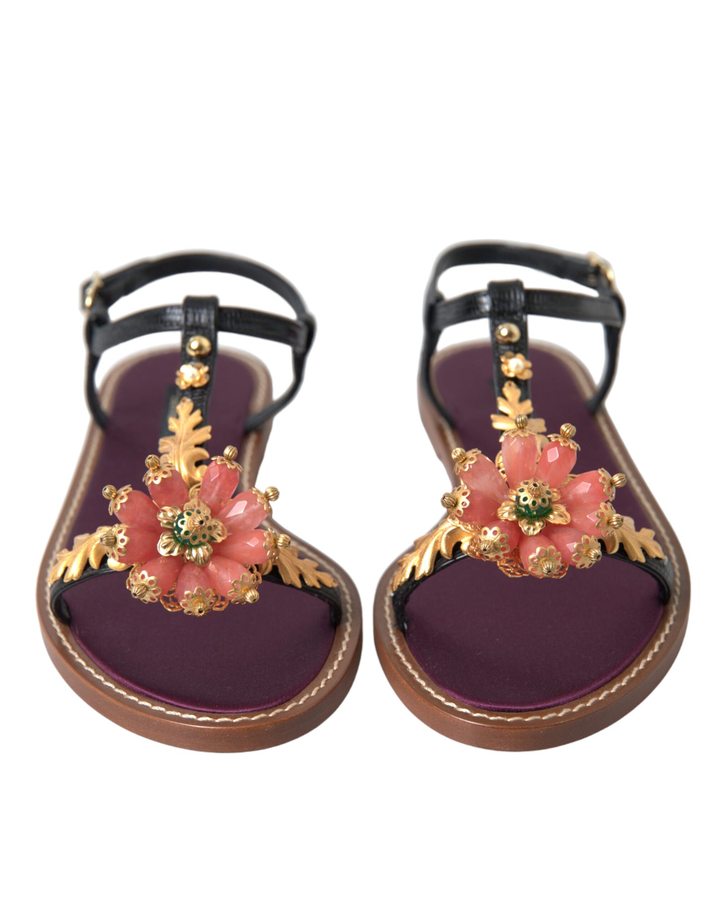 Sandalias de cuero Dolce & Gabbana negras con cristales dorados