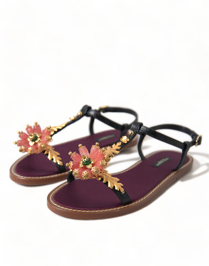 Sandalias de cuero Dolce & Gabbana negras con cristales dorados