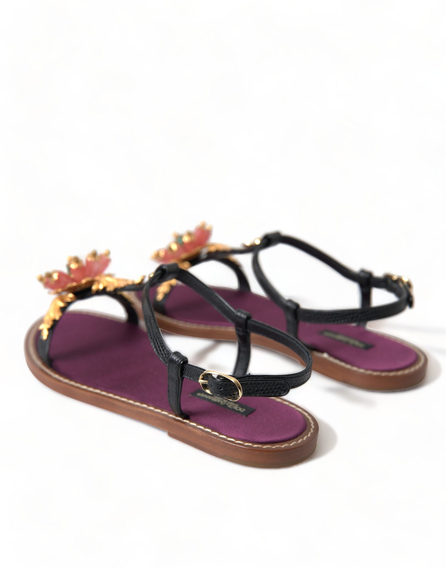Sandalias de cuero Dolce & Gabbana negras con cristales dorados