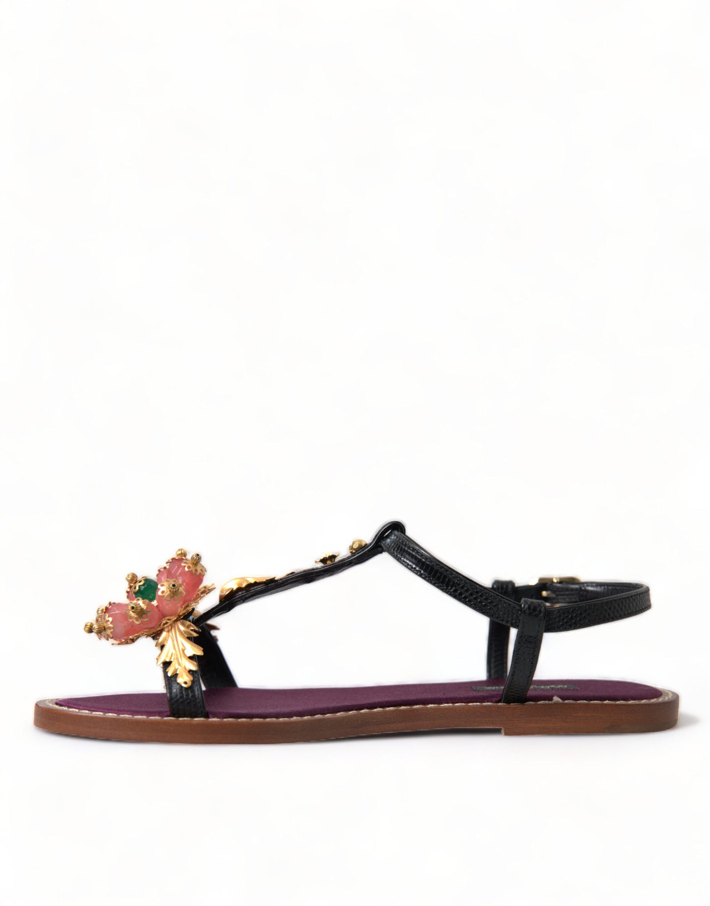 Sandalias de cuero Dolce & Gabbana negras con cristales dorados