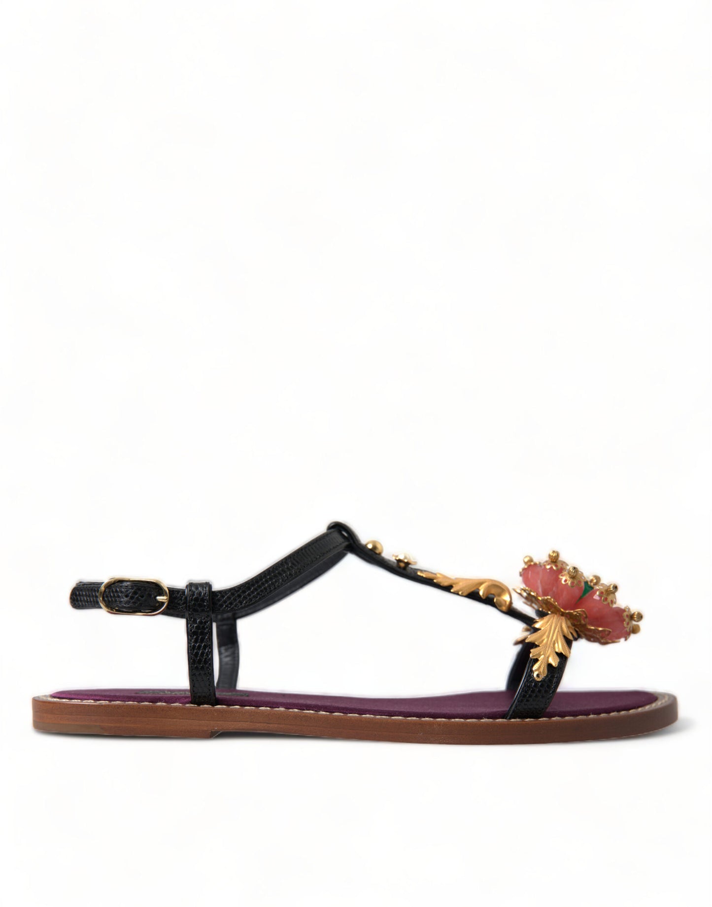 Sandalias de cuero Dolce & Gabbana negras con cristales dorados