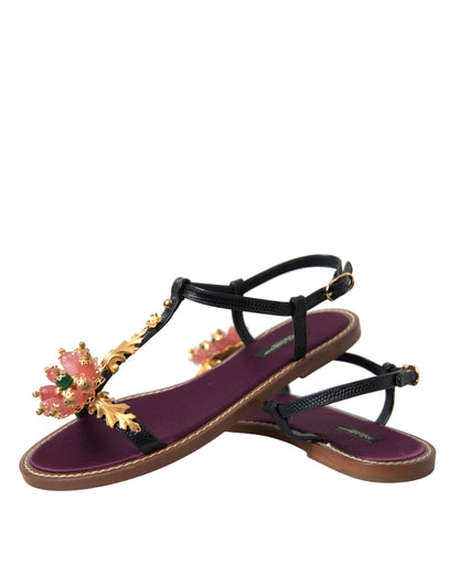 Sandalias de cuero Dolce & Gabbana negras con cristales dorados