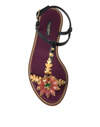 Sandalias de cuero Dolce & Gabbana negras con cristales dorados