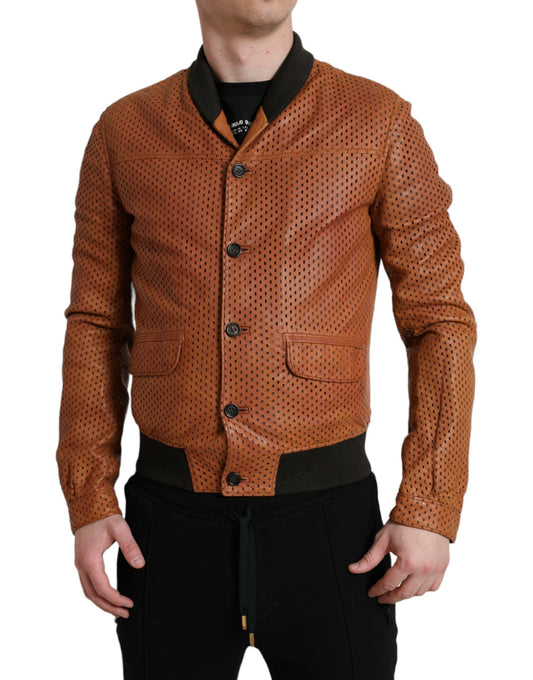Chaqueta Perforada de Cuero de Cordero Marrón Dolce & Gabbana