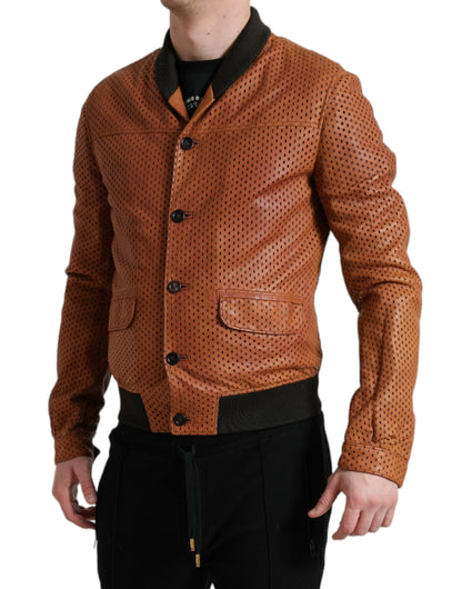 Chaqueta Perforada de Cuero de Cordero Marrón Dolce & Gabbana