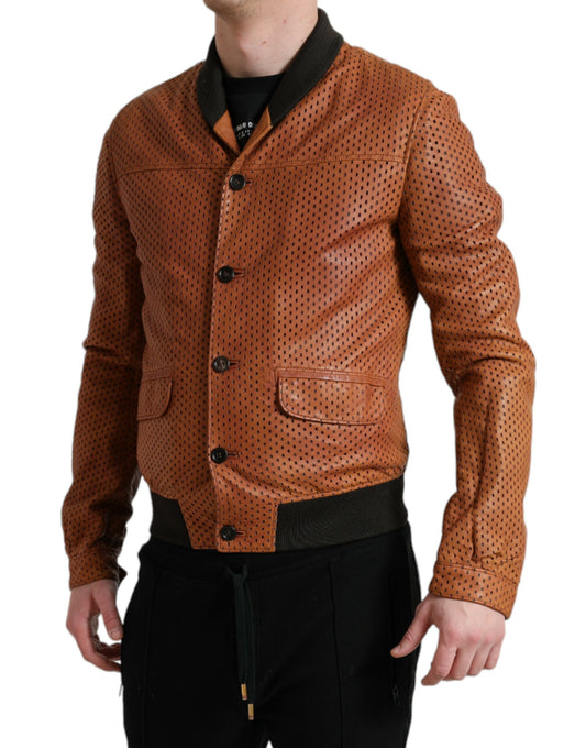 Chaqueta Perforada de Cuero de Cordero Marrón Dolce & Gabbana