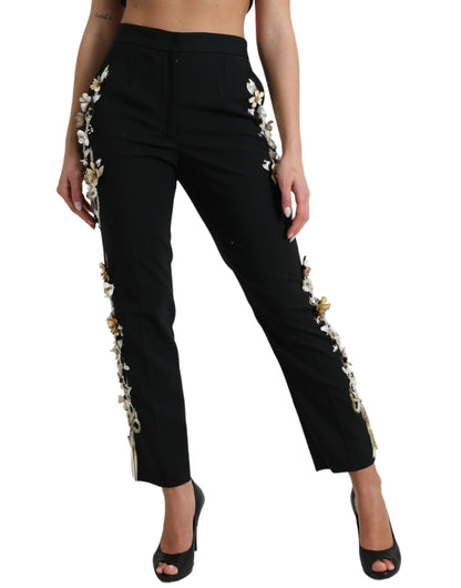 Pantalones cónicos de talle alto con apliques florales negros de Dolce & Gabbana