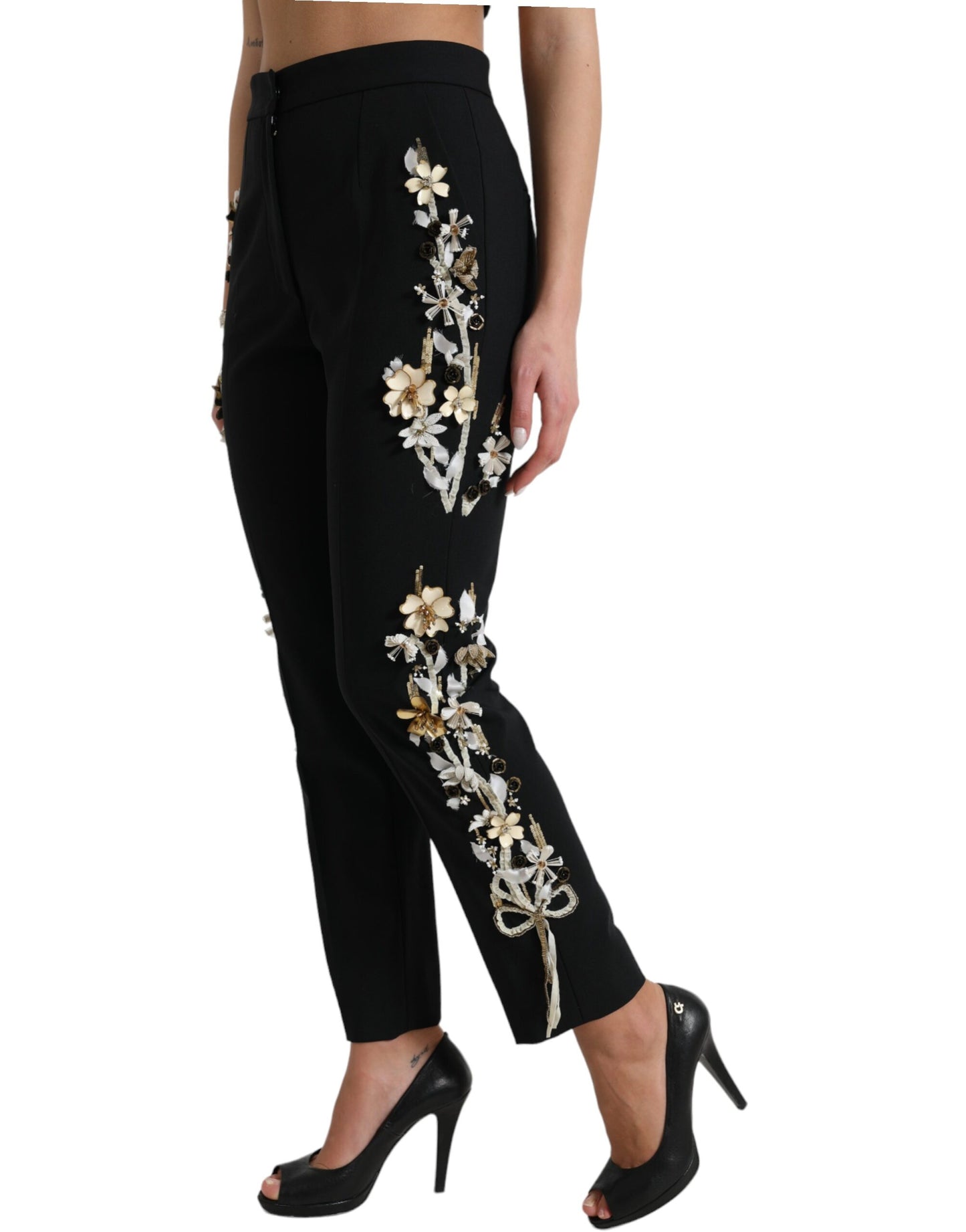 Pantalones cónicos de talle alto con apliques florales negros de Dolce & Gabbana