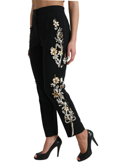 Pantalones cónicos de talle alto con apliques florales negros de Dolce & Gabbana