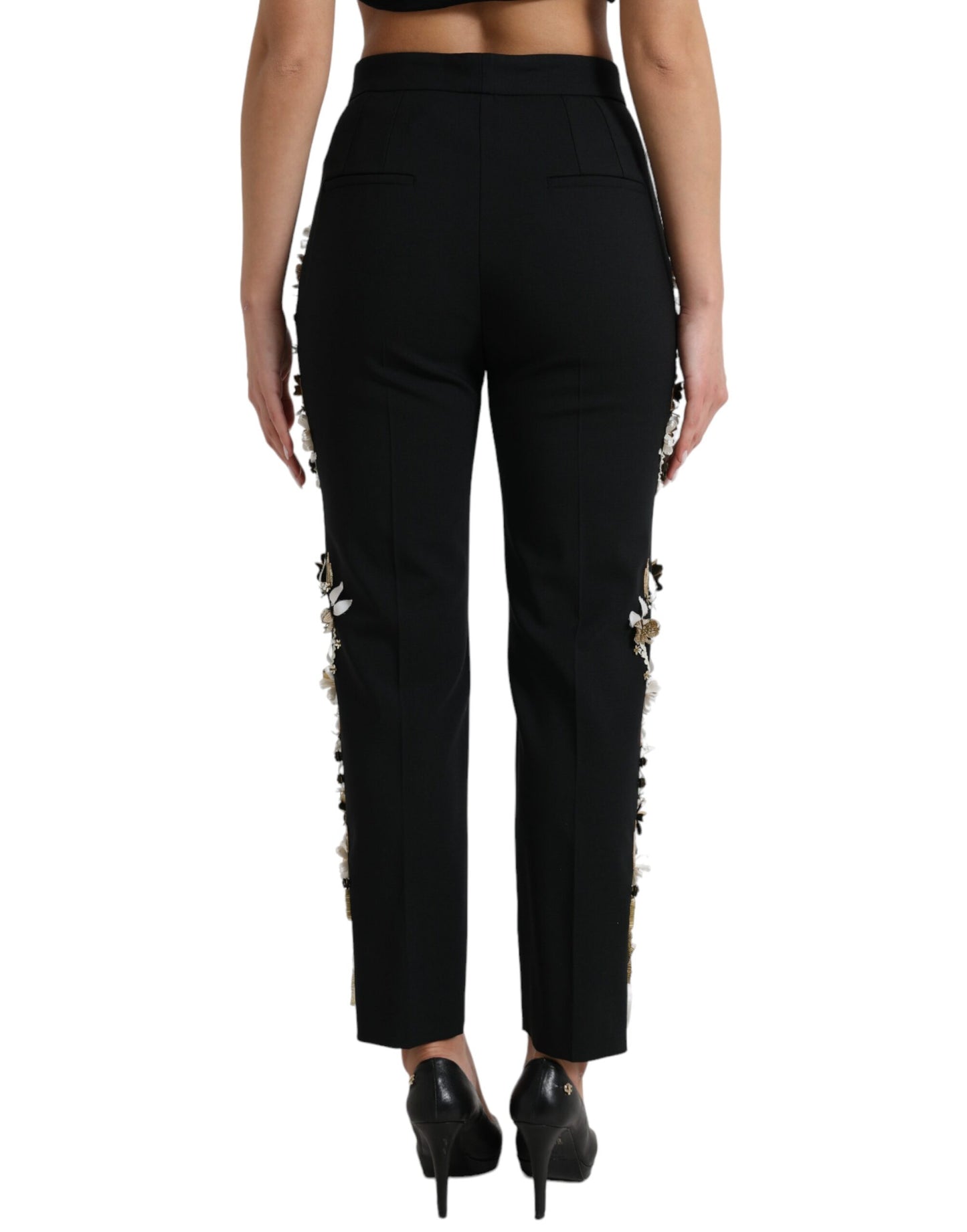 Pantalones cónicos de talle alto con apliques florales negros de Dolce & Gabbana