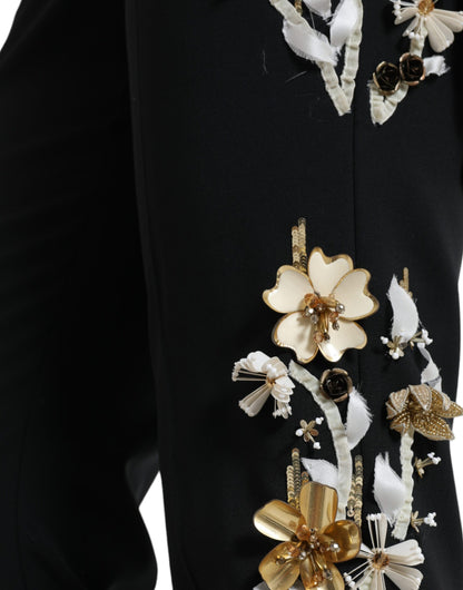 Pantalones cónicos de talle alto con apliques florales negros de Dolce & Gabbana