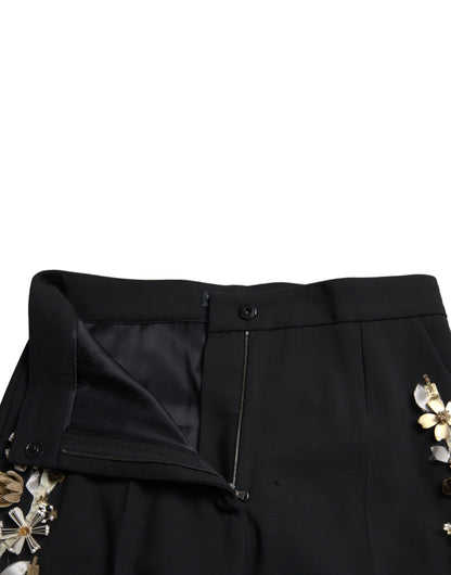 Pantalones cónicos de talle alto con apliques florales negros de Dolce & Gabbana