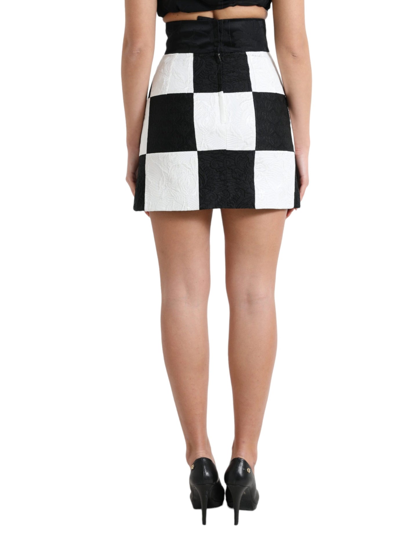 Falda de talle alto de brocado floral en blanco y negro de Dolce & Gabbana