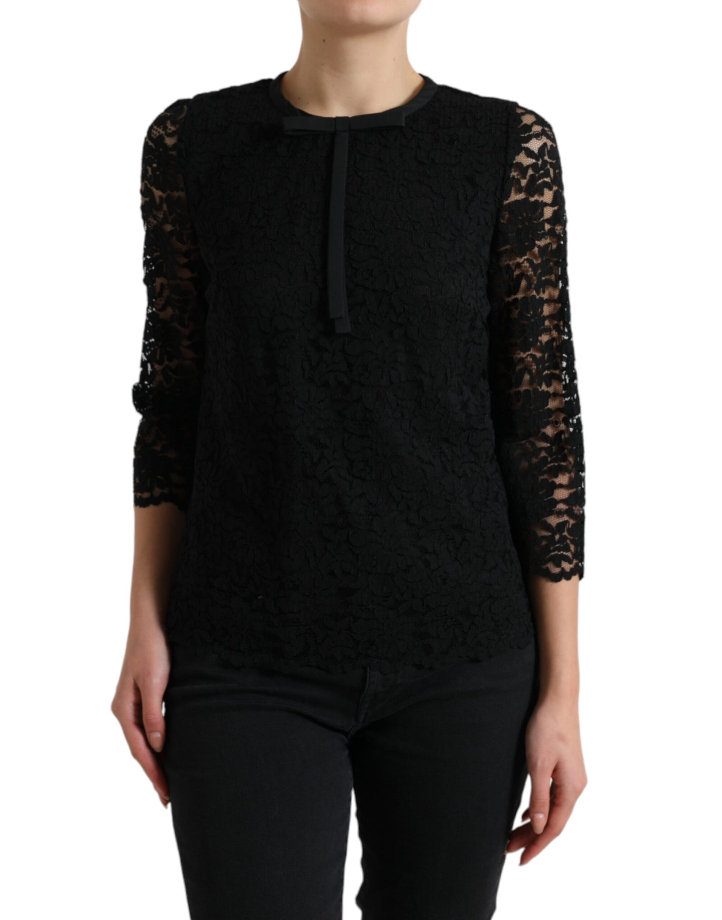 Blusa negra STAFF de Dolce & Gabbana Top de nailon de encaje floral