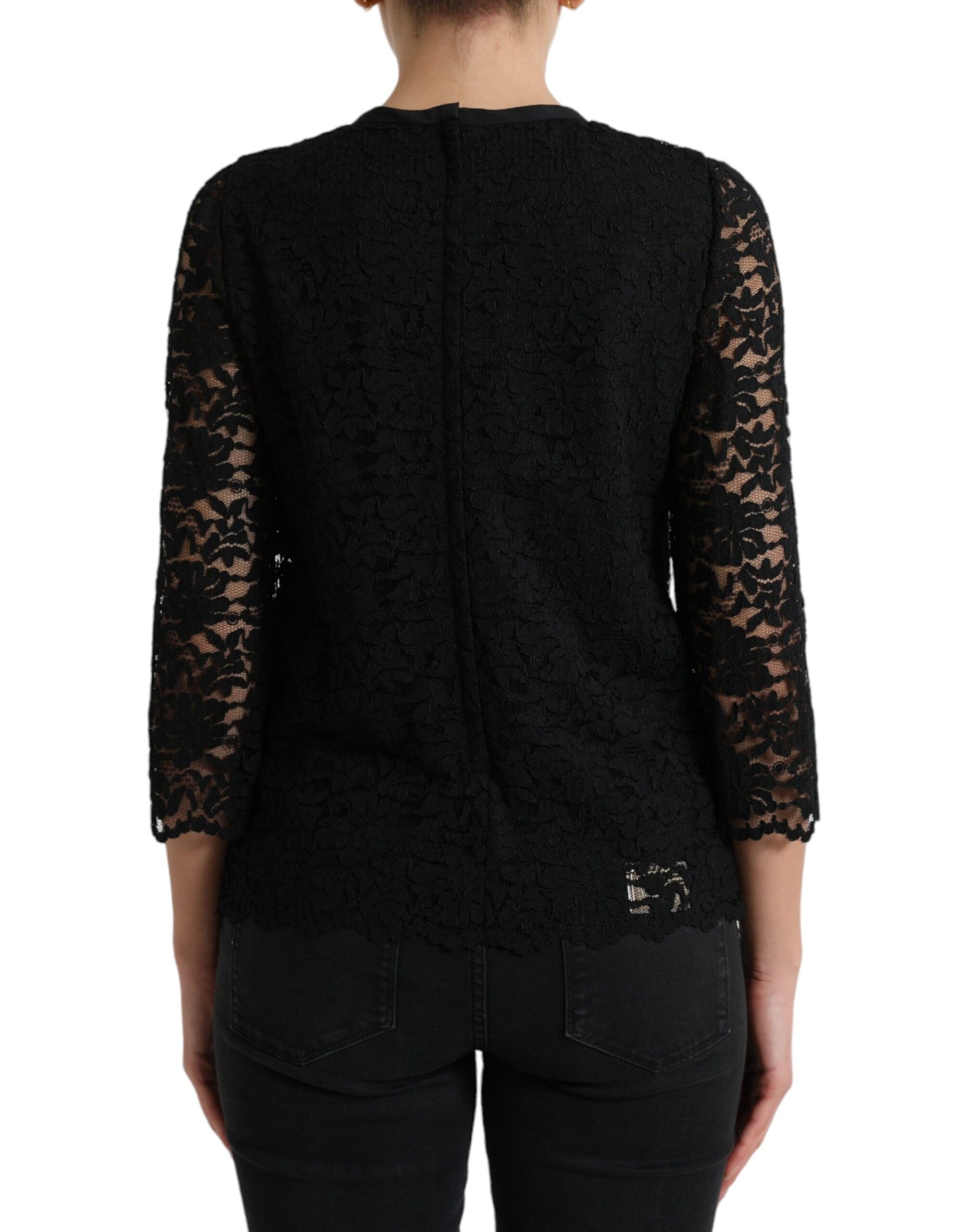 Blusa negra STAFF de Dolce & Gabbana Top de nailon de encaje floral