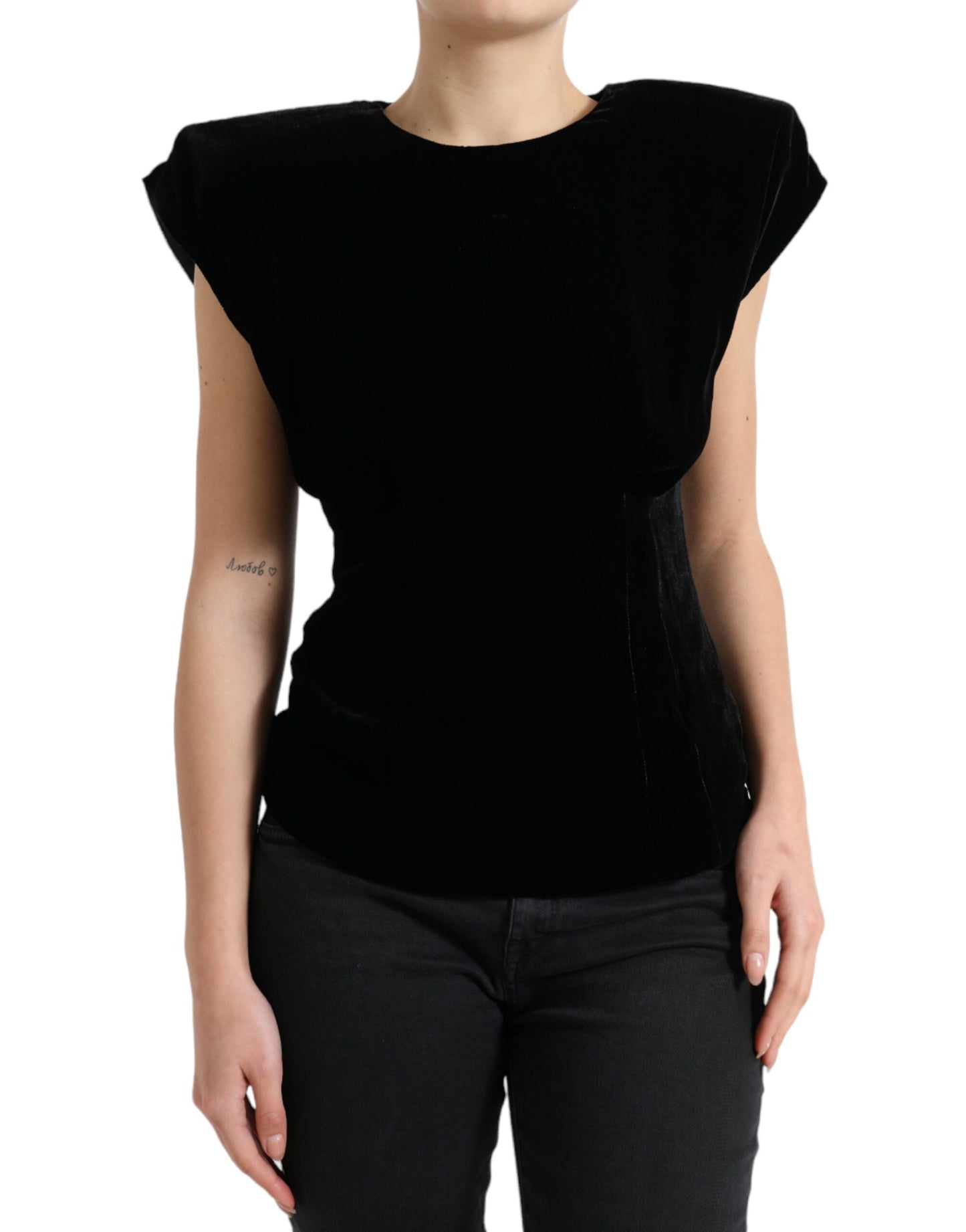 Dolce & Gabbana Blusa Negra de Terciopelo Entallada con Hombreras
