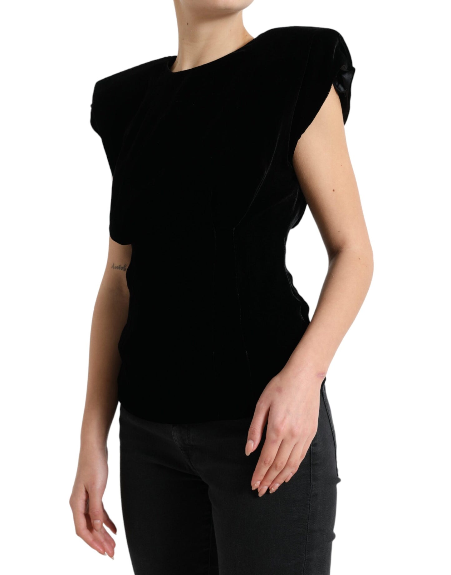 Dolce & Gabbana Blusa Negra de Terciopelo Entallada con Hombreras