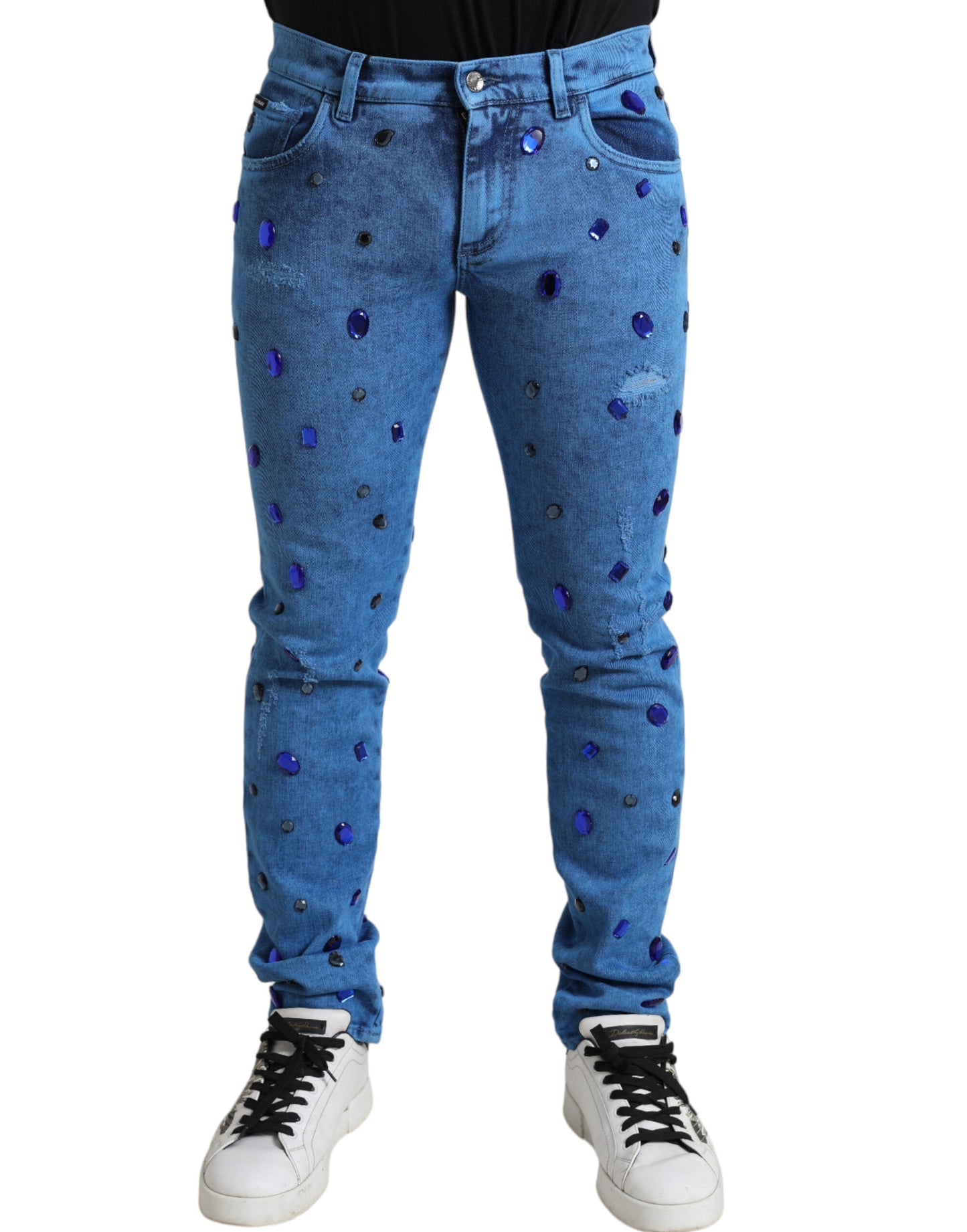 Jeans pitillo de mezclilla adornados con cristales azules Dolce & Gabbana