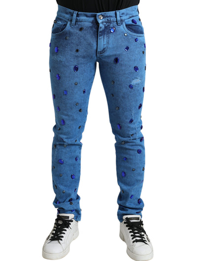 Jeans pitillo de mezclilla adornados con cristales azules Dolce & Gabbana