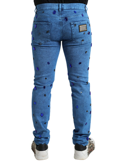 Jeans pitillo de mezclilla adornados con cristales azules Dolce & Gabbana