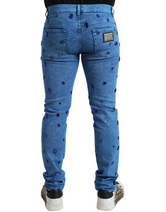 Jeans pitillo de mezclilla adornados con cristales azules Dolce & Gabbana
