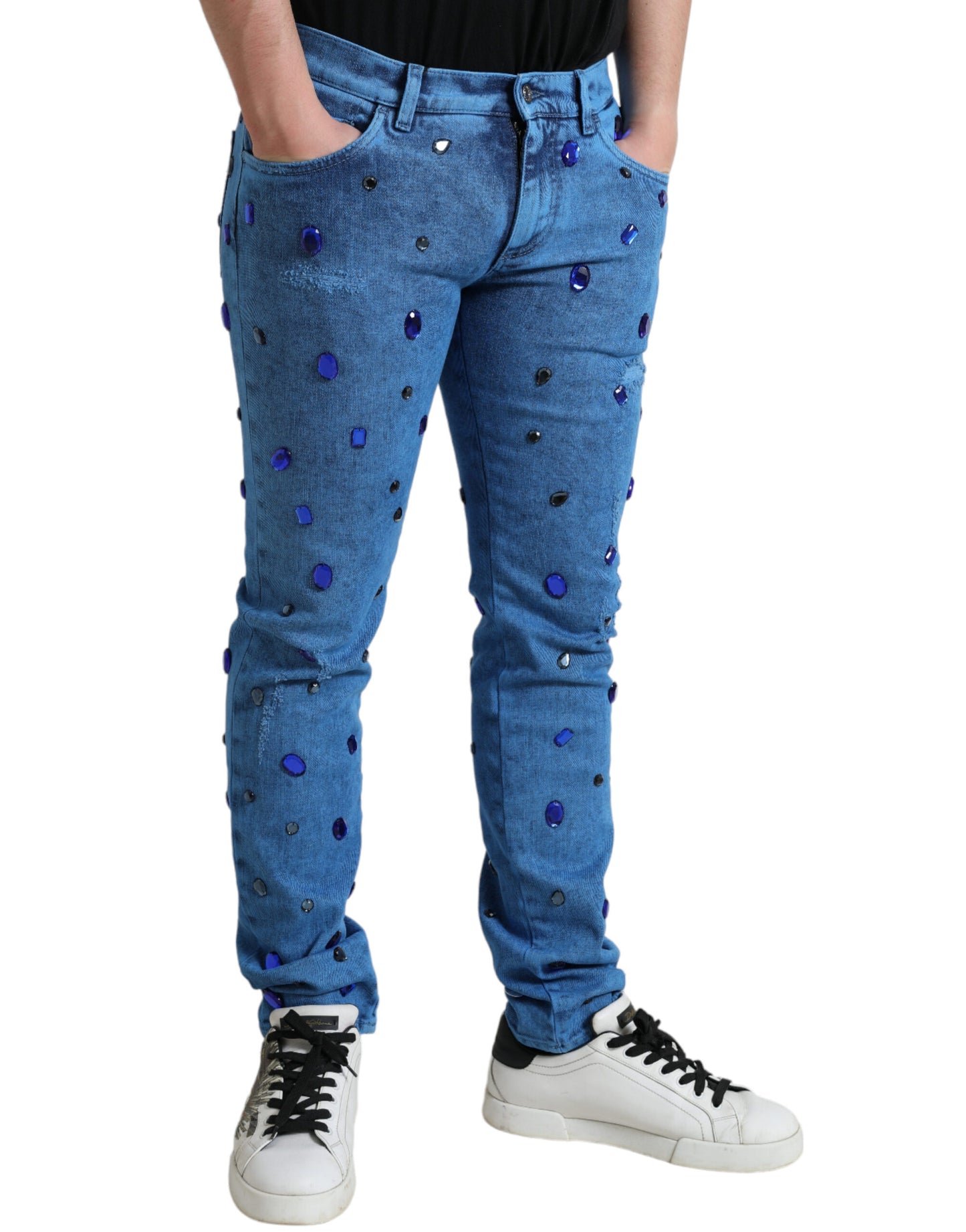 Jeans pitillo de mezclilla adornados con cristales azules Dolce & Gabbana