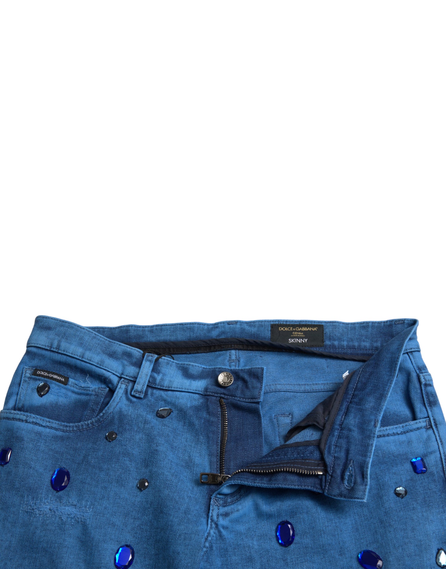 Jeans pitillo de mezclilla adornados con cristales azules Dolce & Gabbana