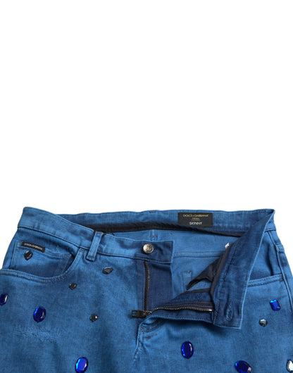 Jeans pitillo de mezclilla adornados con cristales azules Dolce & Gabbana