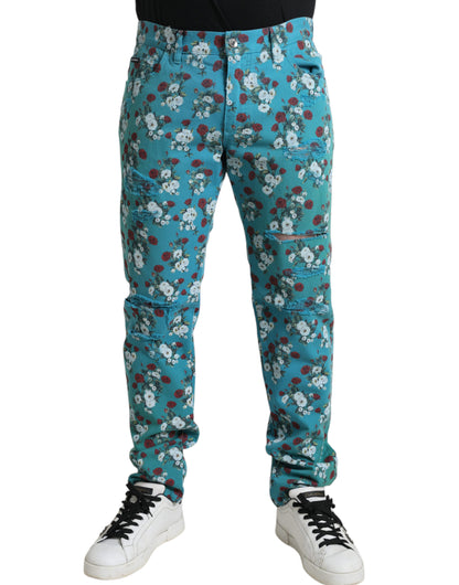 Pantalones Dolce & Gabbana de mezclilla ajustados de algodón con estampado floral azul