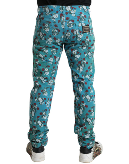 Pantalones Dolce & Gabbana de mezclilla ajustados de algodón con estampado floral azul